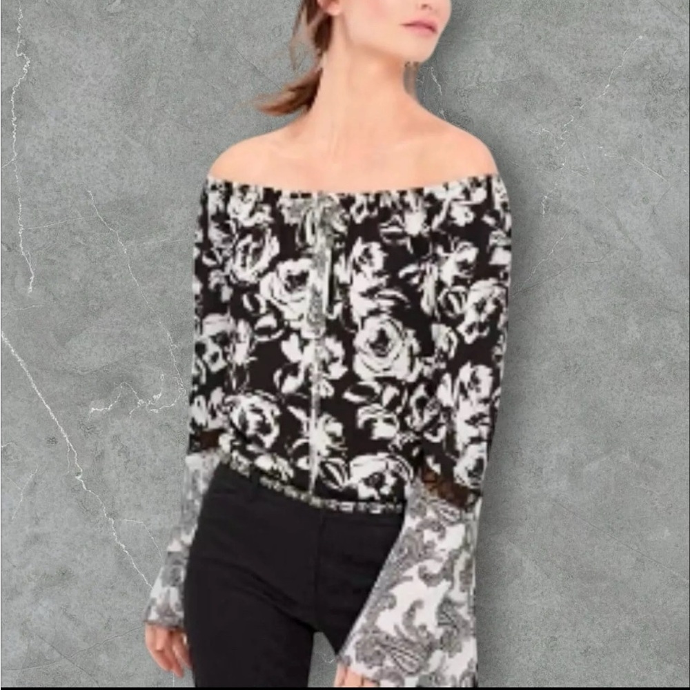 White House Black Market Graphic Bell Sleeve Blouse